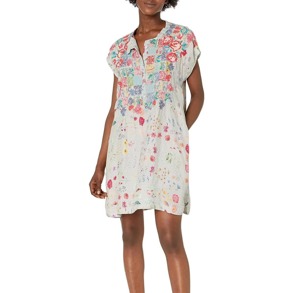 Johnny Was Biya Paityn Embroidered Colorful Grey Pink Mini Shift Dress Small